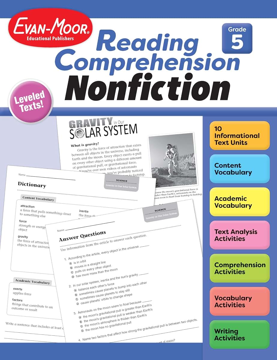 Evan-Moor Reading Comprehension: Nonfiction, Grade 5 - Homeschooling and Classroom Resource Workbook, Biographies, Science, Social studies, Geography, Leveled, Vocabulary, Text structure analysis