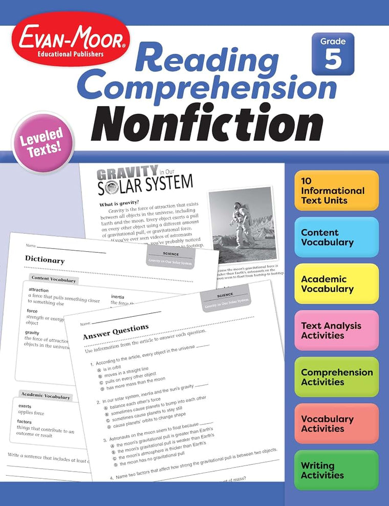 Evan-Moor Reading Comprehension: Nonfiction, Grade 5 - Homeschooling and Classroom Resource Workbook, Biographies, Science, Social studies, Geography, Leveled, Vocabulary, Text structure analysis