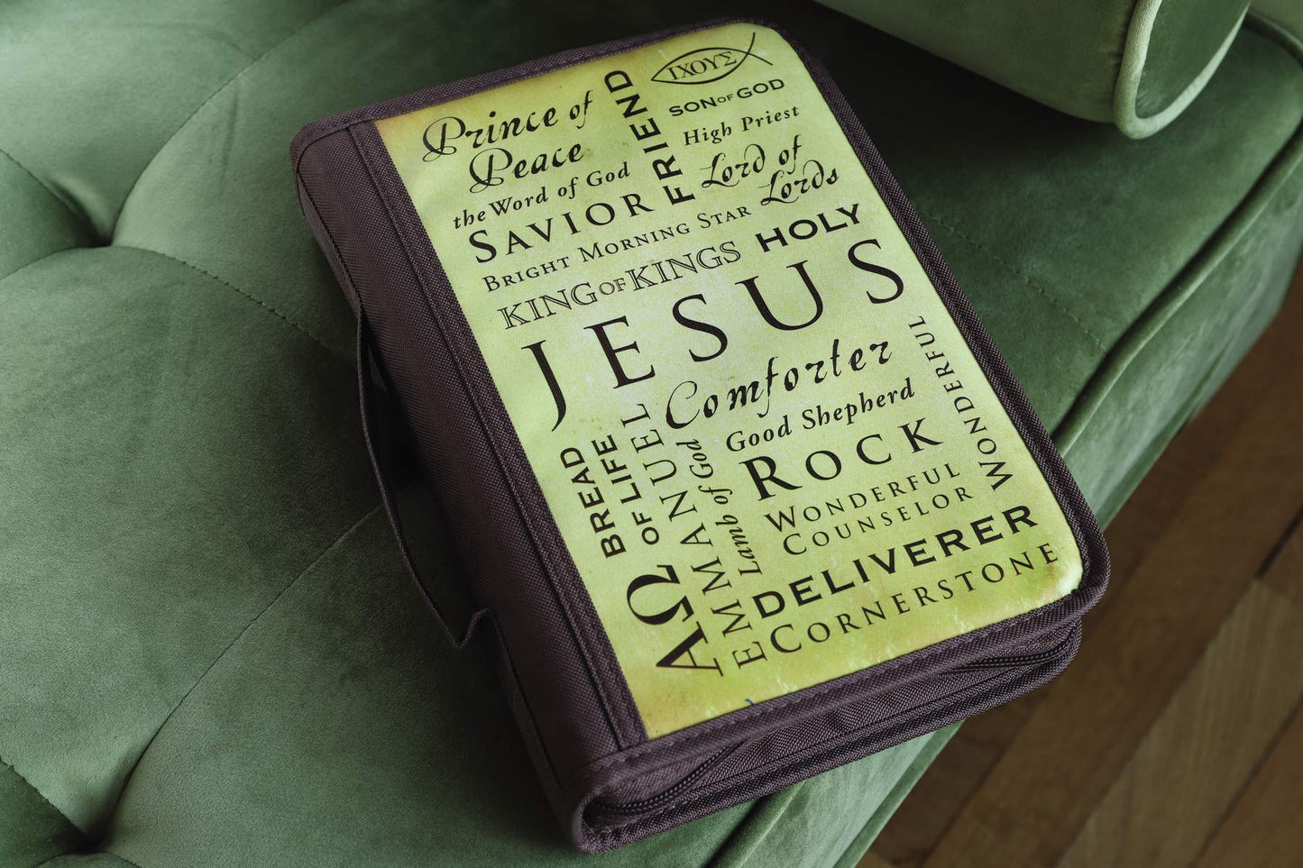 Names of Jesus Bible Cover, Zippered, with Handle, Canvas, Brown, Large