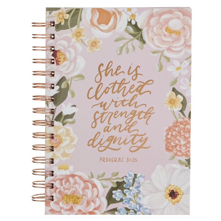 Christian Art Gifts Inspirational Journal, Strength & Dignity Wide Ruled Notebook, Prov. 31:25 Bible Verse, Pink Floral, 192 Lined Pages w/scripture, (8.4? x 6.4? x 1?)