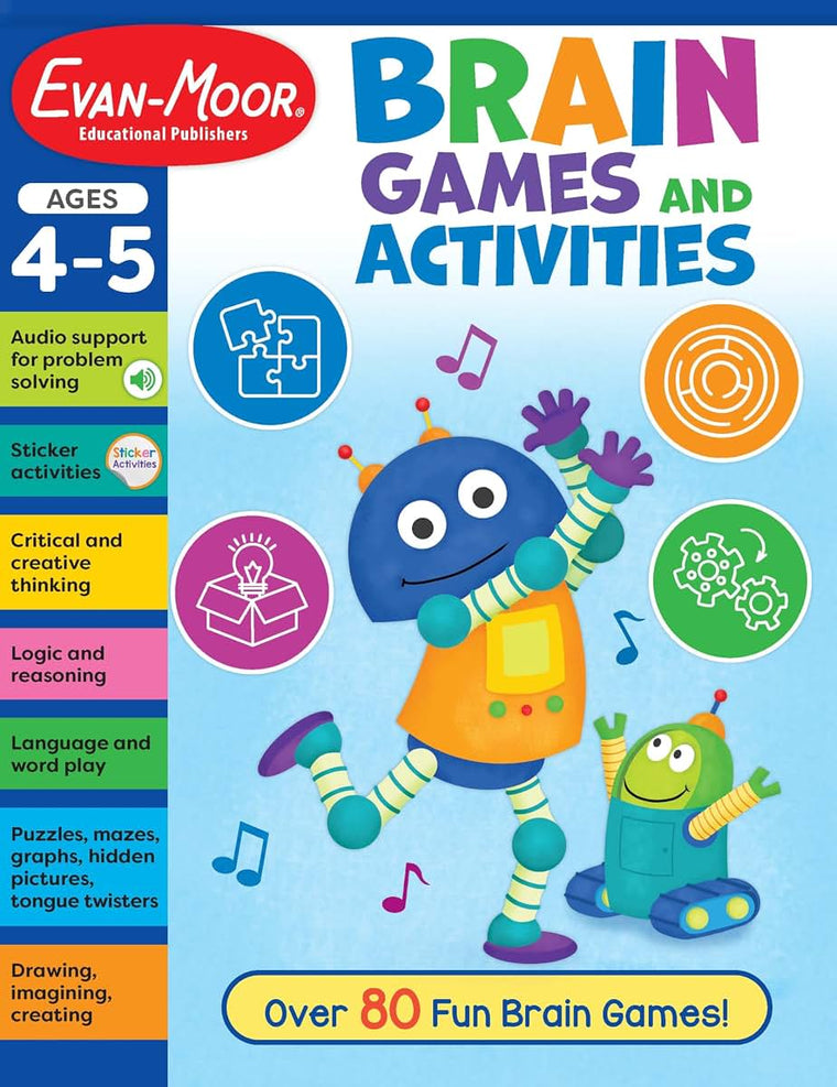 Evan-Moor Brain Games and Activities for Kids, Ages 4-5, Workbook, Hidden Pictures, Mazes, Sticker Activities, Logic Puzzles, Drawing, Critical Thinking, Audio, Alphabet, Word Families, Counting