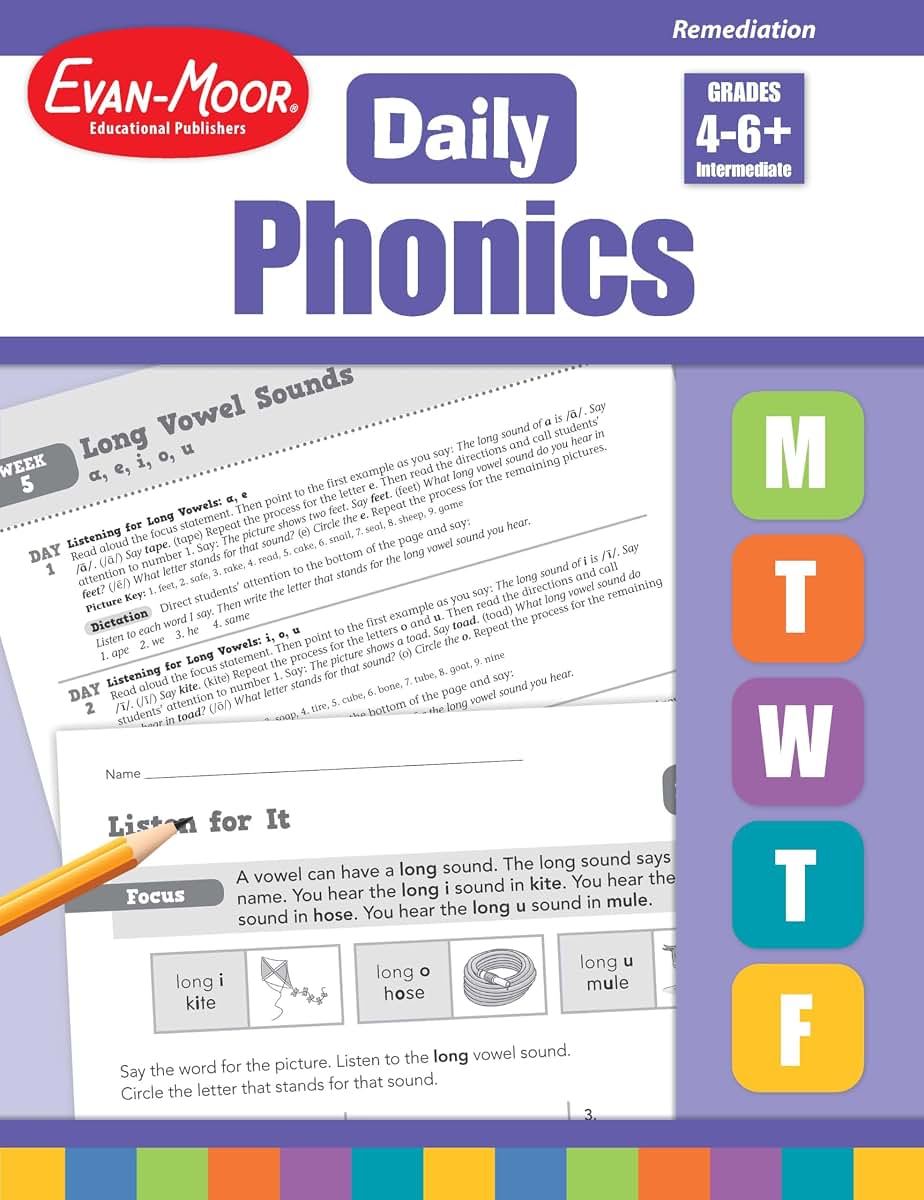 Evan-Moor Daily Phonics, Grade 4-6, Homeschooling & Classroom Resource Workbook. Phonemic Awareness, Decoding, Word-Study, Teaching Editions, Reproducible Worksheets