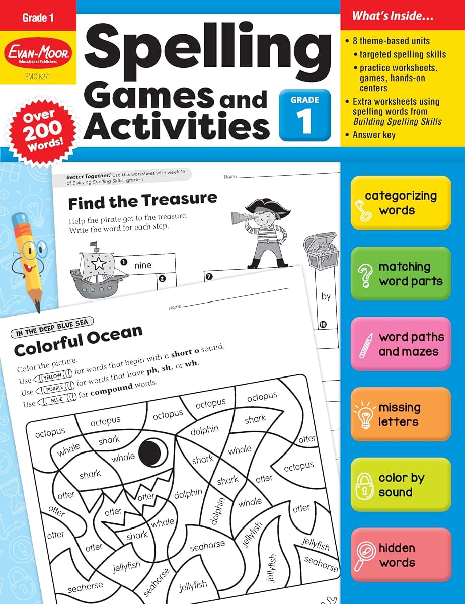 Evan-Moor Spelling Games and Activities, Grade 1 - Classroom Resource, Reproducible Worksheets, Teaching Edition, Spelling Strategies, Word Study Skills