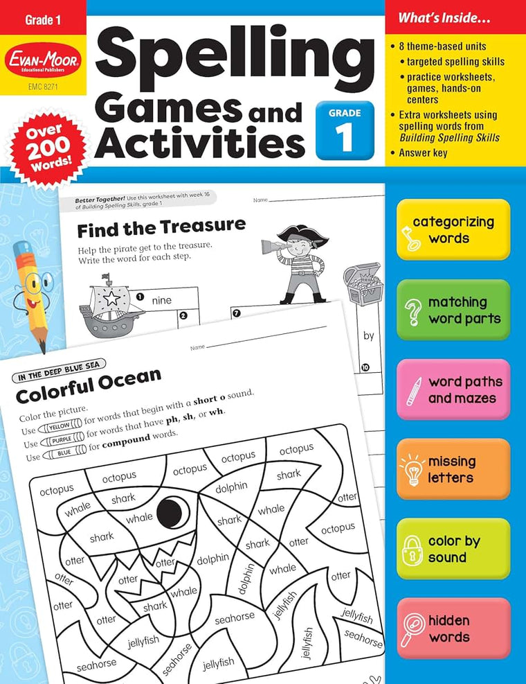 Evan-Moor Spelling Games and Activities, Grade 1 - Classroom Resource, Reproducible Worksheets, Teaching Edition, Spelling Strategies, Word Study Skills