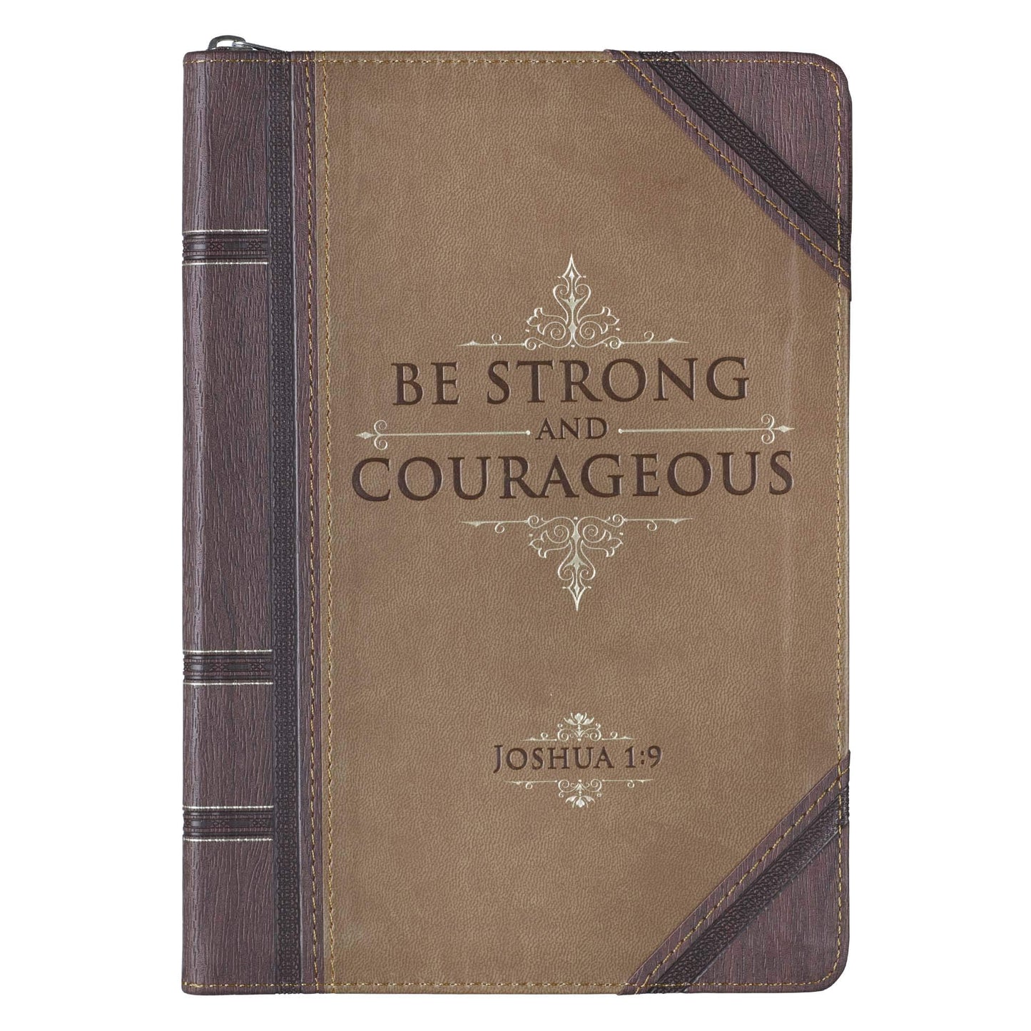 Christian Art Gifts Brown Vegan Leather Zipped Journal, Inspirational Mens Notebook Be Strong Scripture, Flexible Cover, 336 Ruled Pages, Ribbon Bookmark, Joshua 1:9 Bible Verse