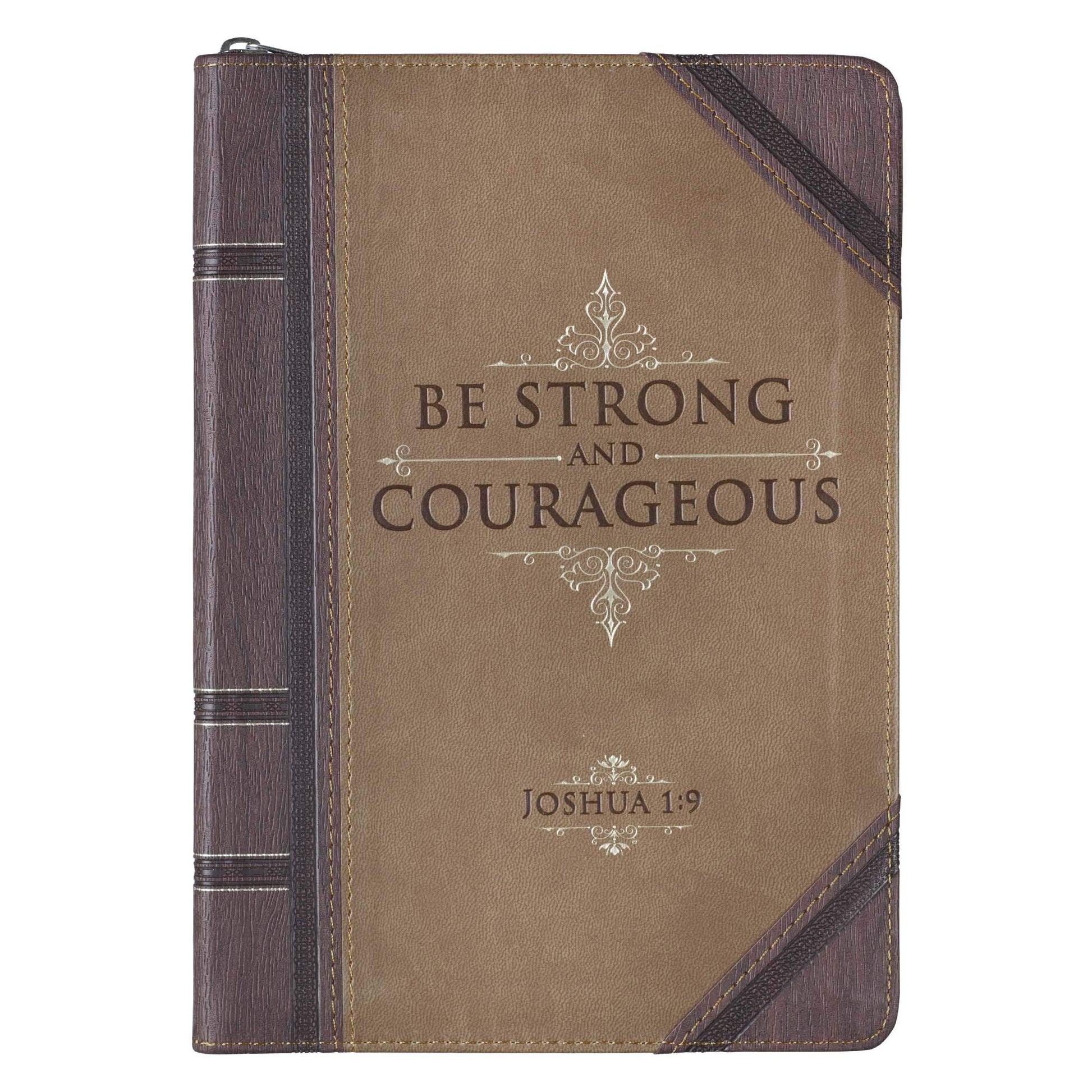 Christian Art Gifts Brown Vegan Leather Zipped Journal, Inspirational Mens Notebook Be Strong Scripture, Flexible Cover, 336 Ruled Pages, Ribbon Bookmark, Joshua 1:9 Bible Verse