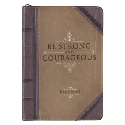 Christian Art Gifts Brown Vegan Leather Zipped Journal, Inspirational Mens Notebook Be Strong Scripture, Flexible Cover, 336 Ruled Pages, Ribbon Bookmark, Joshua 1:9 Bible Verse