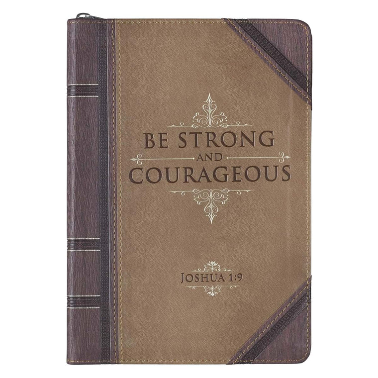 Christian Art Gifts Brown Vegan Leather Zipped Journal, Inspirational Mens Notebook Be Strong Scripture, Flexible Cover, 336 Ruled Pages, Ribbon Bookmark, Joshua 1:9 Bible Verse