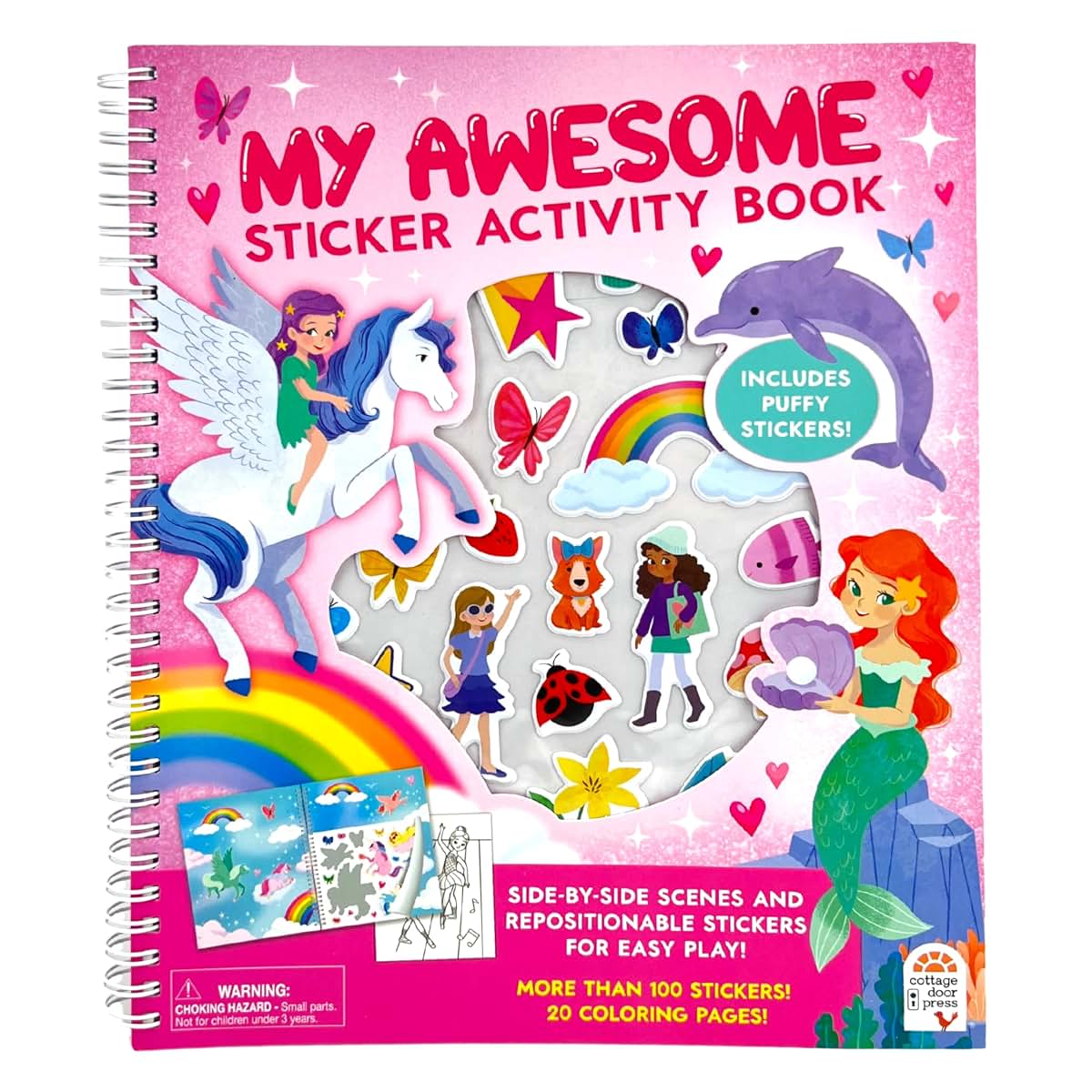 My Awesome Sticker Activity Book for Girls - 100 Stickers Including Puffy, 20 Coloring Pages and Spiral Lay-Flat design; Sticker Pages and Scene Side-By-Side for Easy Play