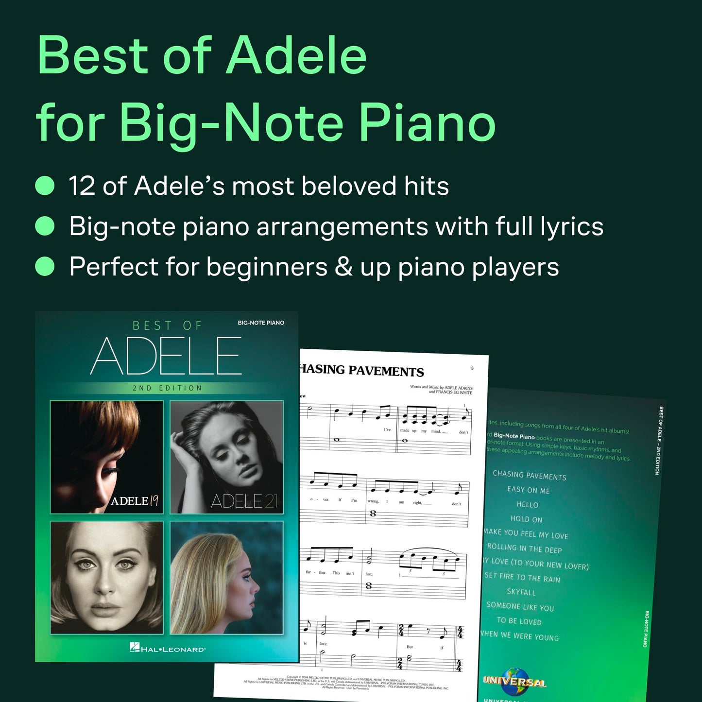 Best of Adele for Big Note Piano - 2nd Edition  12 Easy Piano Songs with Lyrics and Chords for Beginners and Advanced Players  Hal Leonard Sheet Music Book