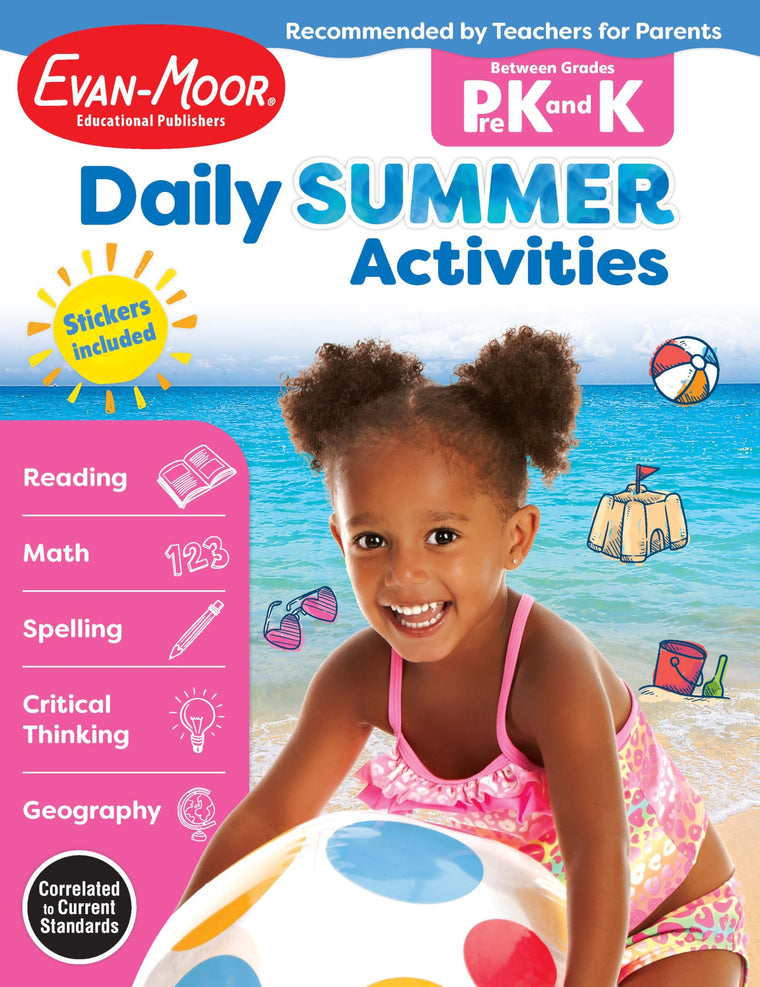 Evan-Moor Daily Summer Activities, Grades PreK-K Workbook, Stickers, Prevent Learning Loss, Reading, Writing, Math, Alphabet, Letter Recognition, Numbers, Counting, Shapes, Colors, Learning Fun