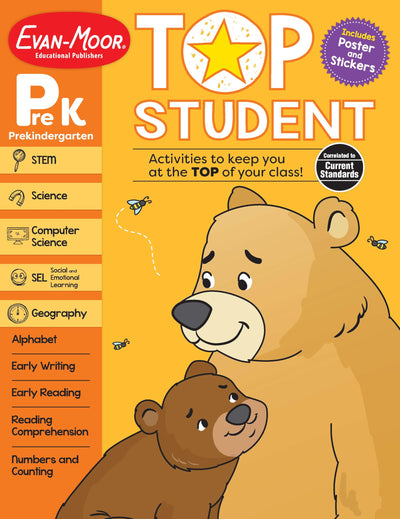 Evan-Moor Top Student, Pre-Kindergarten Full-color Workbook, Stickers, Alphabet and Letter Sounds, Science, STEM, Geography, Early Reading and Writing, Mindfulness Audio Support