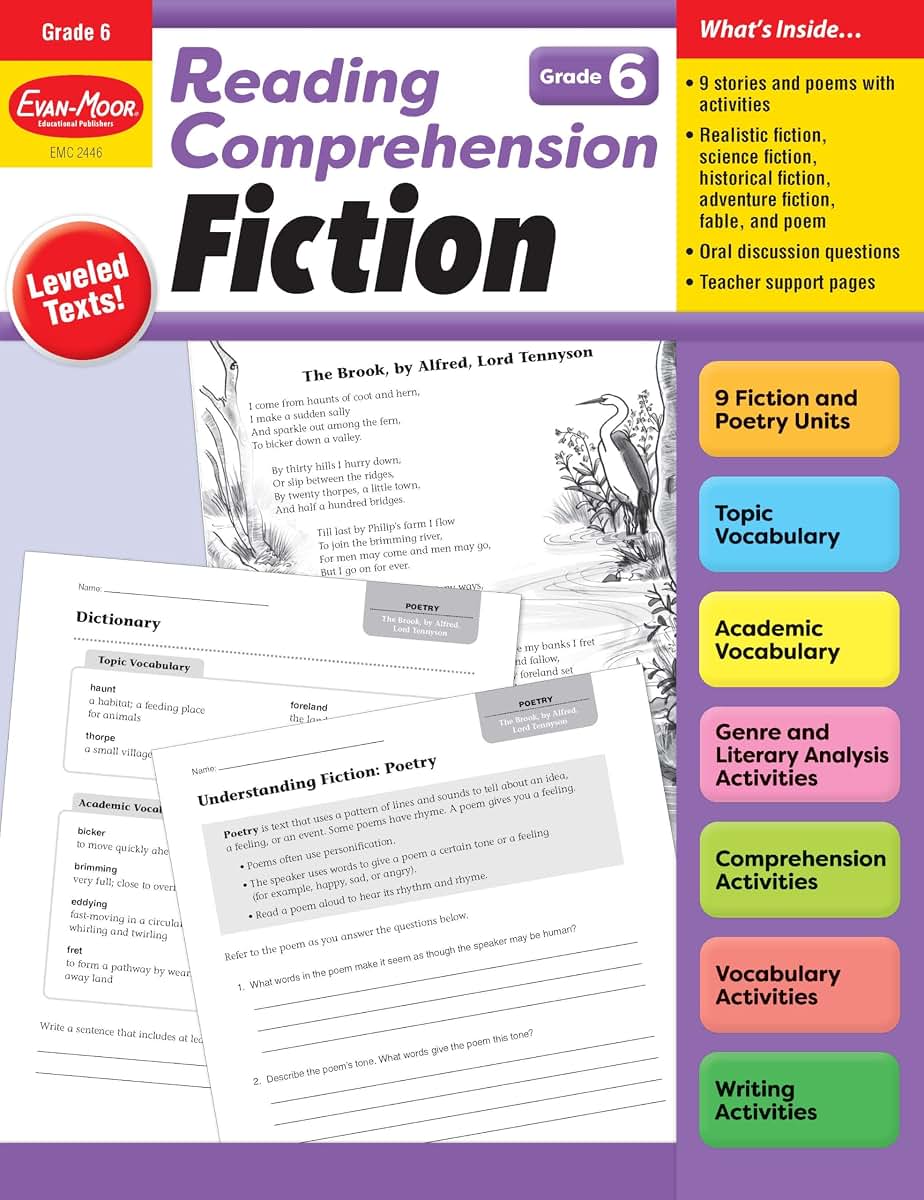 Evan-Moor Reading Comprehension: Fiction Grade 6, Homeschooling and Classroom Resource Workbook, Realistic Fiction, Historical fiction, Poetry, Mystery, Fairy tale, Leveled, Close reading, Science