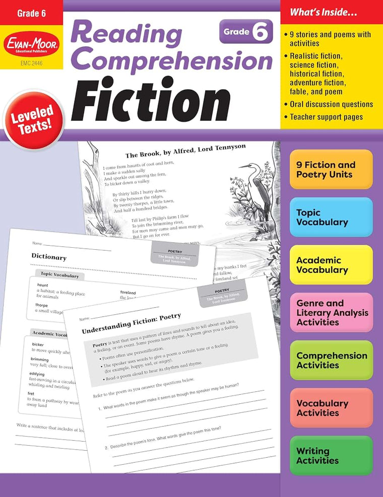 Evan-Moor Reading Comprehension: Fiction Grade 6, Homeschooling and Classroom Resource Workbook, Realistic Fiction, Historical fiction, Poetry, Mystery, Fairy tale, Leveled, Close reading, Science