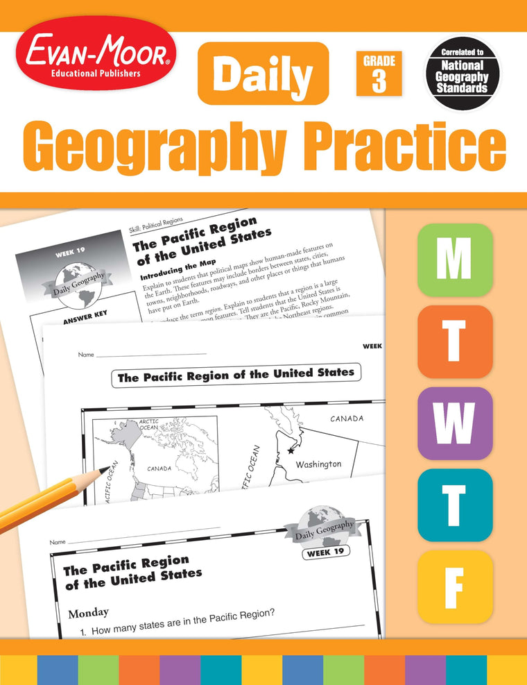 Evan-Moor Daily Geography Practice, Grade 3, Homeschooling and Classroom Resource Workbook, Reproducible Worksheets, Teaching Edition, Downloadable Maps, USA, World, Continents, Oceans, Countries