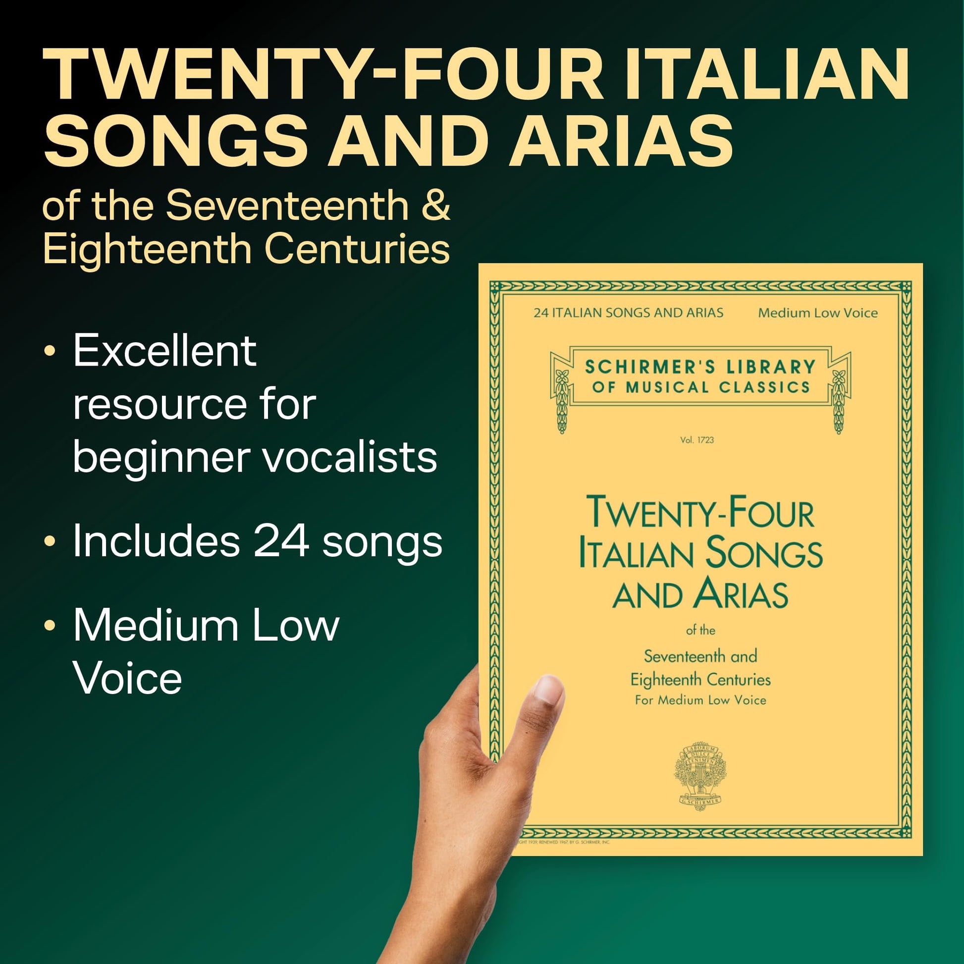 Twenty-Four Italian Songs and Arias for Medium Low Voice  Classical Vocal Sheet Music with Piano Accompaniment  Baroque and Opera Songbook for Students and Teachers  Schirmer Edition Vol. 1723