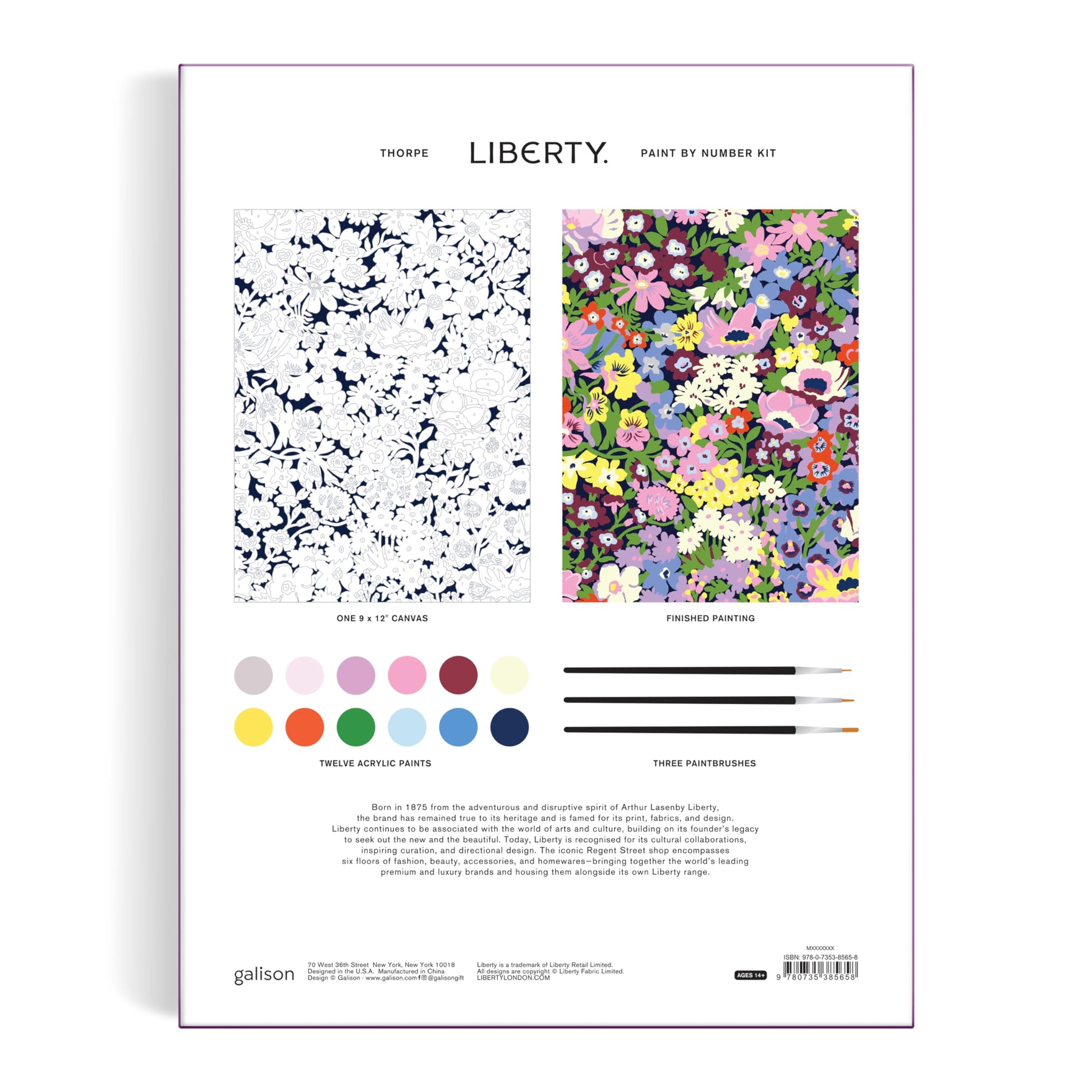 Galison Liberty Thorpe - DIY 9 x 12 Paint by Number Kit with Iconic Liberty Print Art for Beginners and Experts Includes Paint and Brushes