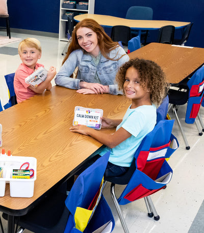 Carson Dellosa 15" W x 19" H Canvas Blue and Red Chairback Buddy Pocket Chart, Classroom Chair Organizer, Classroom Chair Storage with 6 Chair Pockets and One Student Name Tag, Seat Storage Organizer
