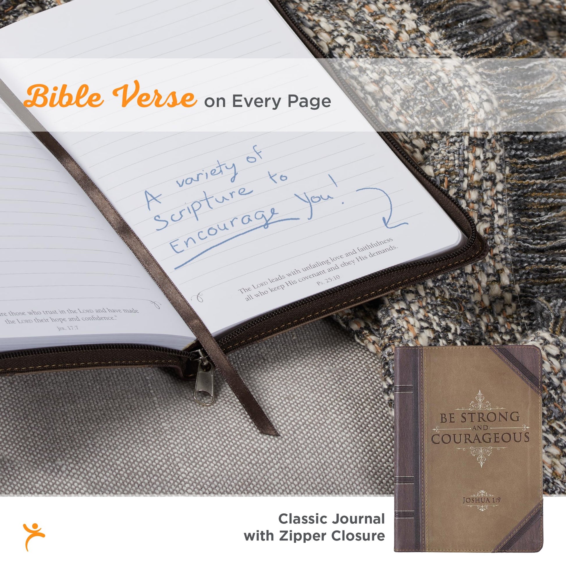 Christian Art Gifts Brown Vegan Leather Zipped Journal, Inspirational Mens Notebook Be Strong Scripture, Flexible Cover, 336 Ruled Pages, Ribbon Bookmark, Joshua 1:9 Bible Verse