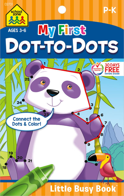 School Zone My First Dot-to-Dots Workbook: 48 Pages, Pre-K, Preschool, Kindergarten, Activity Pad, Connect the Dots, Numbers 1-25, Coloring, Ages 3 to 6 (Little Busy Book Series)