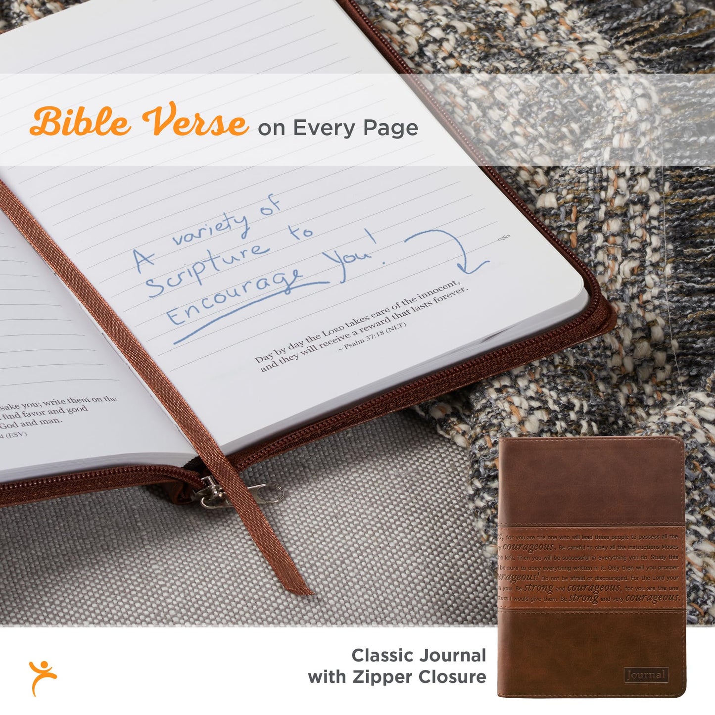 Classic Faux Leather Journal Strong and Courageous Joshua 1:57 Bible Verse, Brown Inspirational Notebook, Lined Pages w/Scripture, Ribbon Marker, Zipper Closure