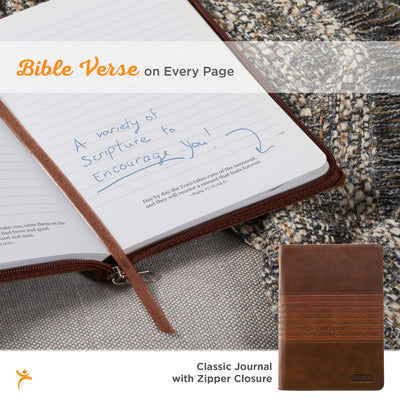 Classic Faux Leather Journal Strong and Courageous Joshua 1:57 Bible Verse, Brown Inspirational Notebook, Lined Pages w/Scripture, Ribbon Marker, Zipper Closure