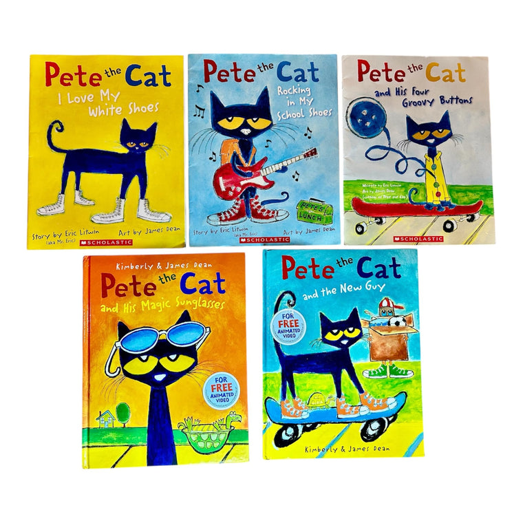 Pete the Cat Series 5 Books Collection Set (Pete the Cat I Love My White Shoes, Rocking in My School Shoes, His Four Groovy Buttons, His Magic Sunglasses & The New Guy)