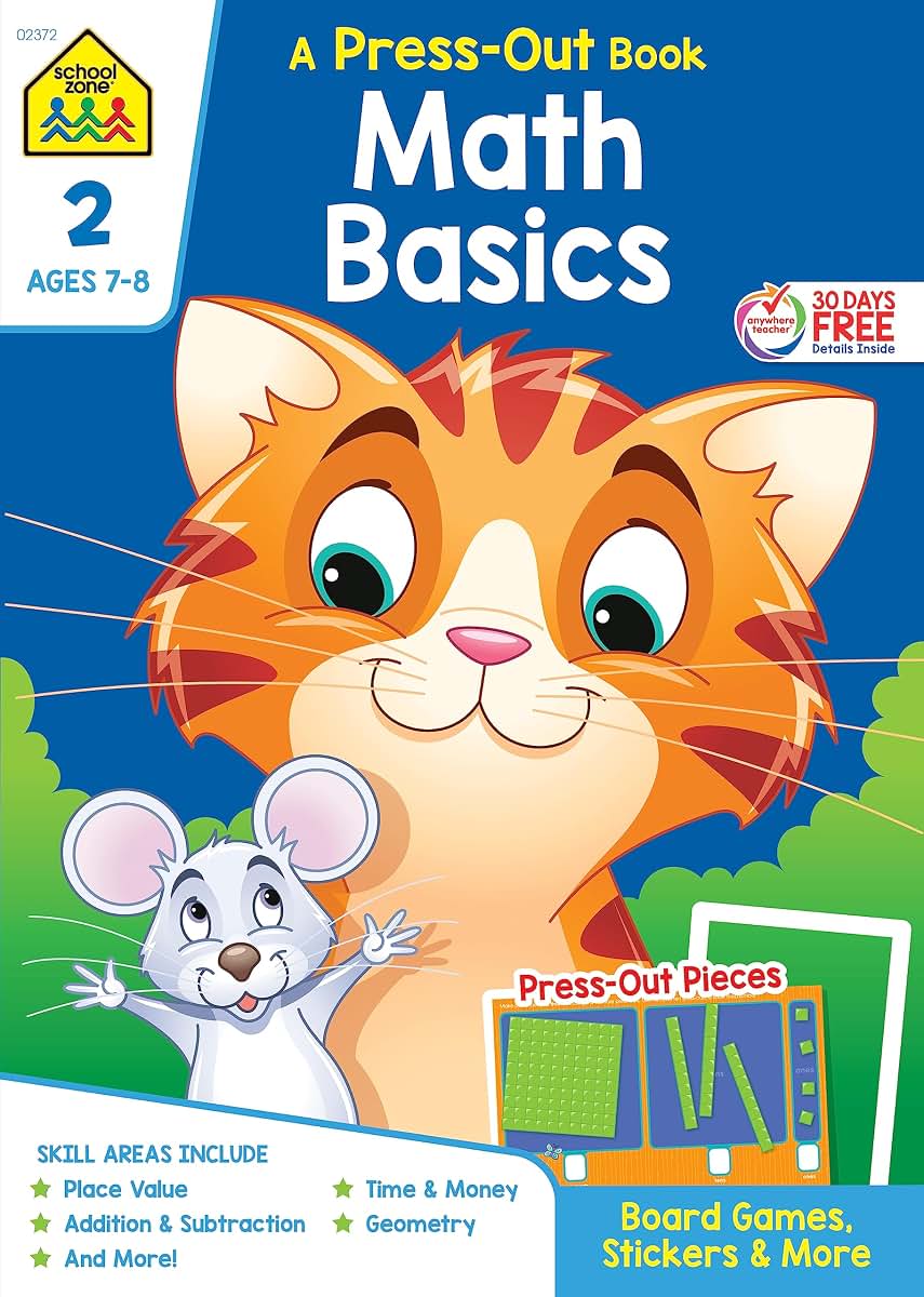 School Zone - Math Basics Press-Out Workbook - 64 Pages, Ages 7 to 8, 2nd Grade, Manipulatives, Board Games, Place Value, Addition and Subtraction, Time and Money, Geometry, Stickers, and More