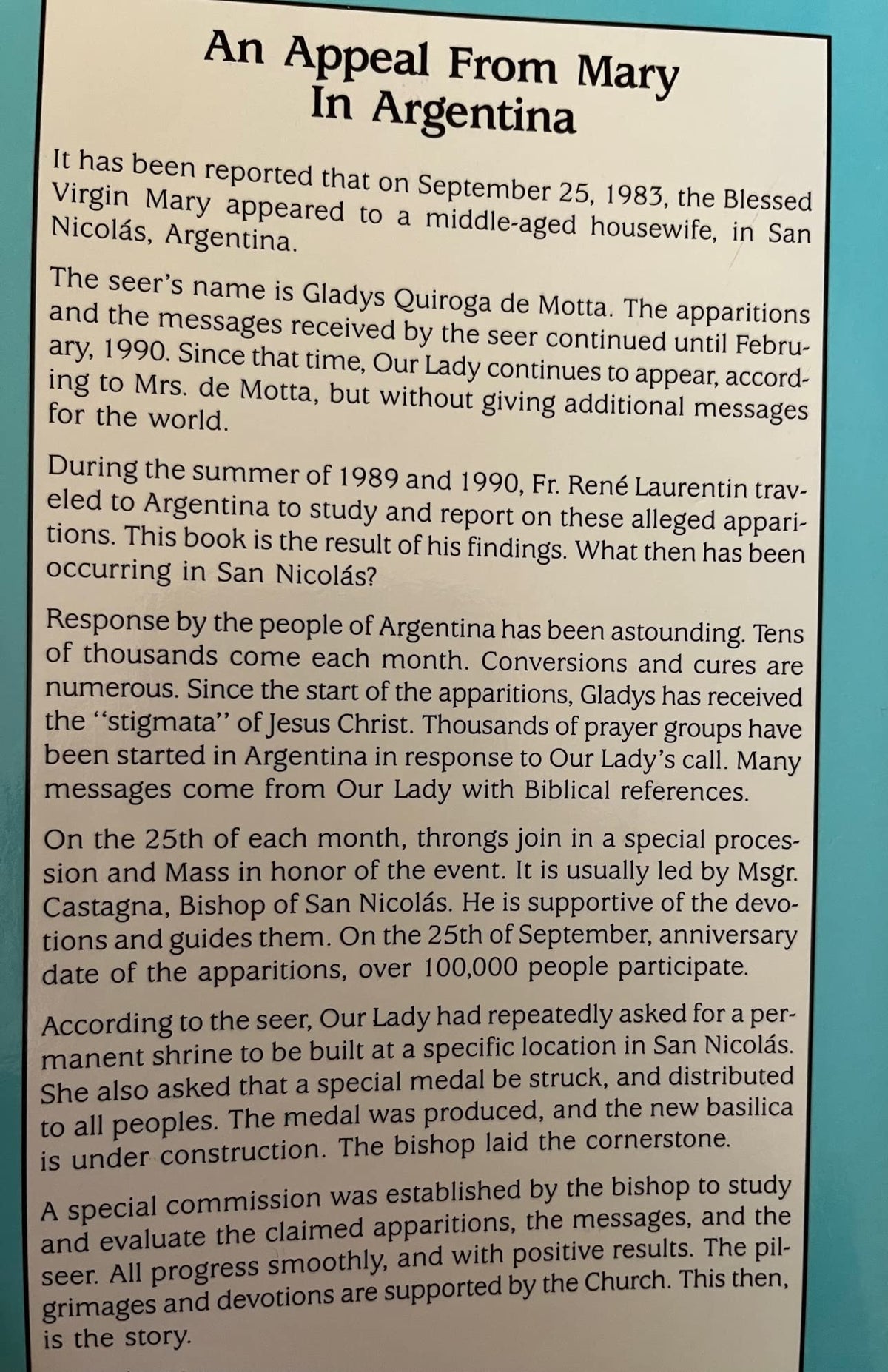 An Appeal from Mary in Argentina: The Apparitions of San Nicolas