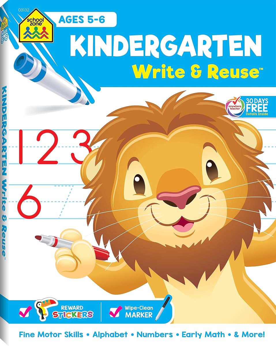 School Zone - Kindergarten Write & Reuse Workbook - Ages 5 to 6, Spiral Bound, Write-On Learning, Wipe Clean, Includes Dry Erase Marker, Early Math, and More (School Zone Write & Reuse Workbook)