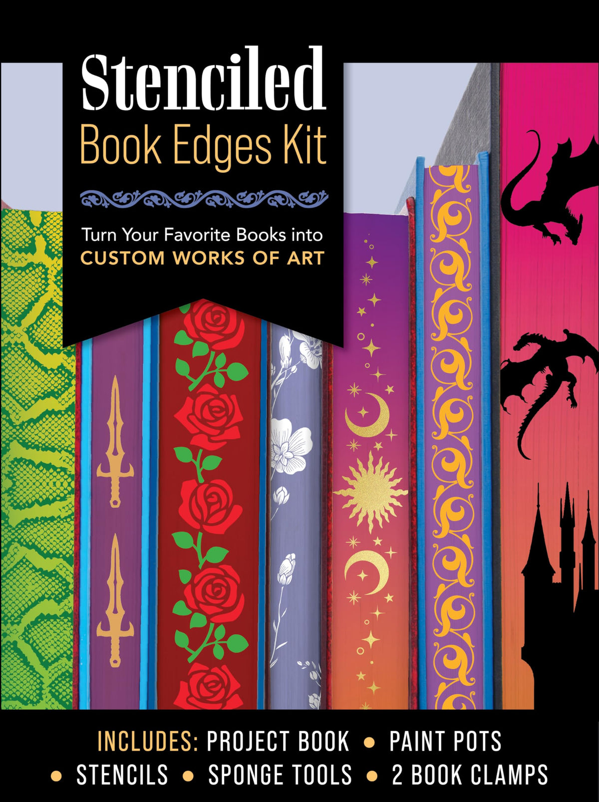 Stenciled Book Edges Kit: Turn Your Favorite Books into Custom Works of Art - Includes: Project Book, Paint Pots, Stencils, Sponge Tools, Book Clamps