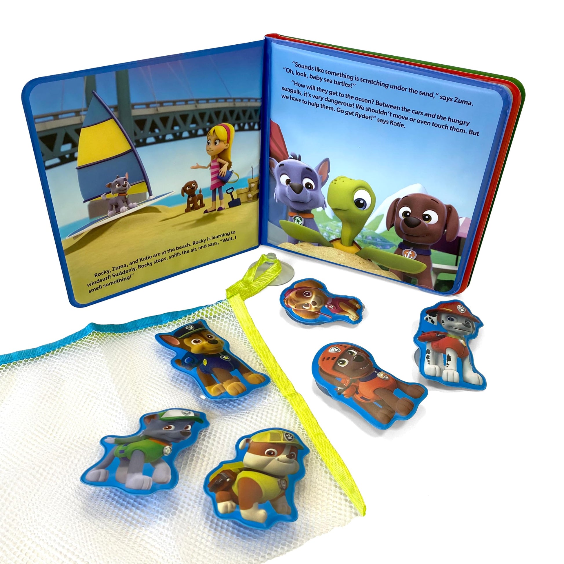 Paw Patrol The Pups Save the Sea Turtles Bath Time Books - Activity Books for kids, Bath book, 6 Padded suction cups, 1 Mesh bag