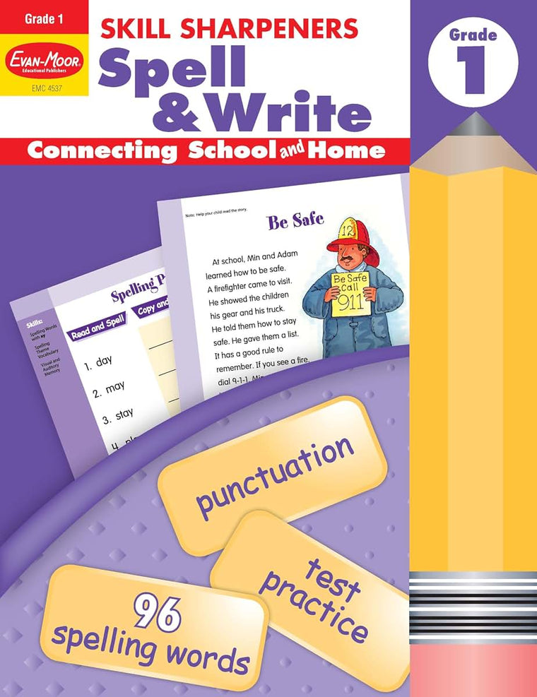 Evan-Moor Skill Sharpeners Spell and Write Workbook, Grade 1, Spelling Patterns, Test Prep, Word Families, Short Vowels, Grammar, Punctuation, Creative Writing, Vocabulary, Activities, Homeschool