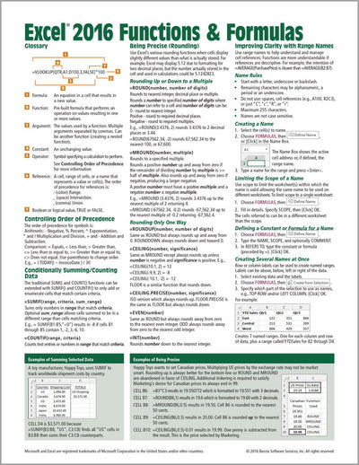 Microsoft Excel 2016 Functions & Formulas Quick Reference Card - Windows Version (4-page Cheat Sheet focusing on examples and context for ... functions and formulas - Laminated Guide)