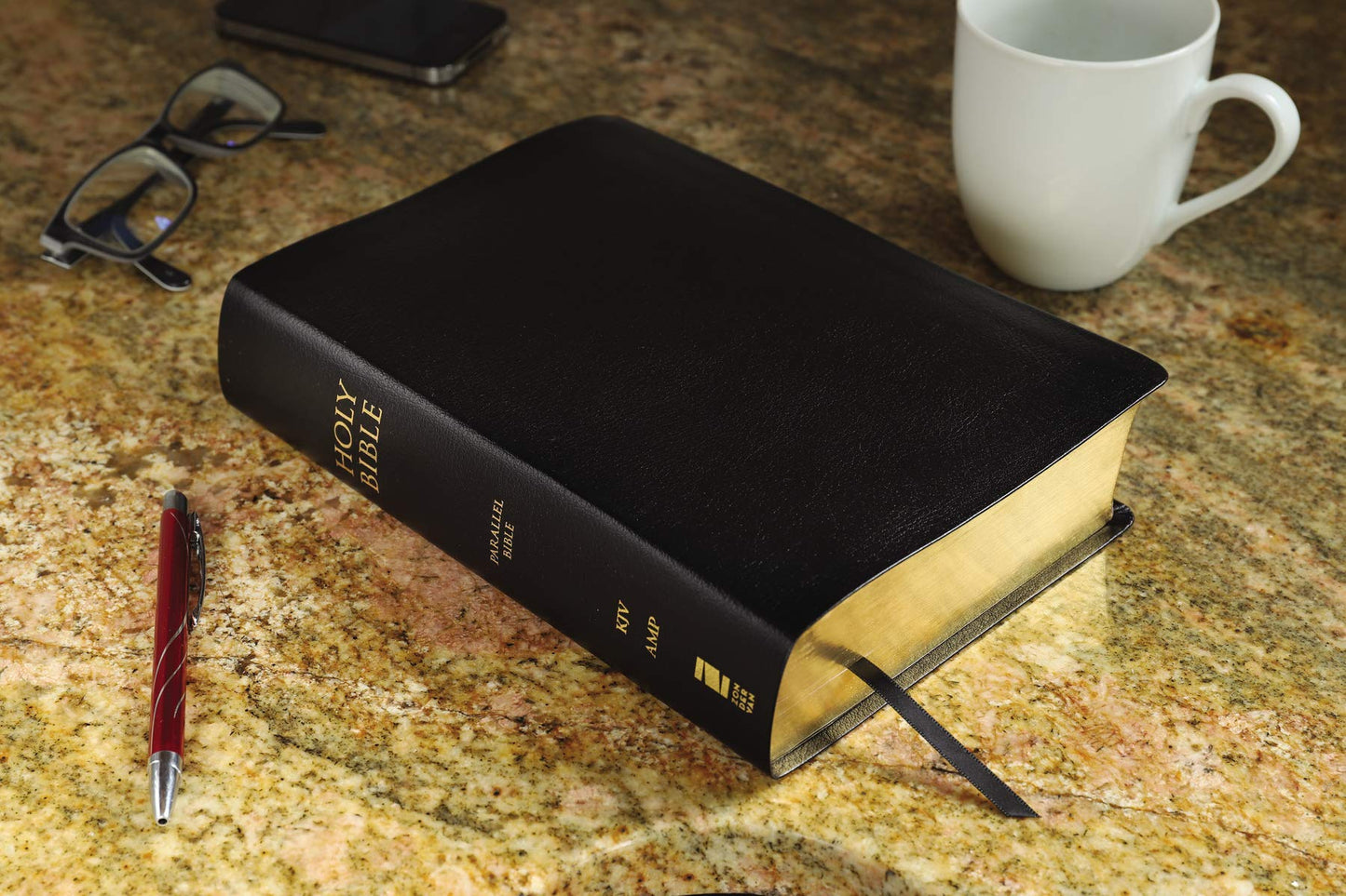 KJV, Amplified, Parallel Bible, Large Print, Bonded Leather, Black, Red Letter: Two Bible Versions Together for Study and Comparison