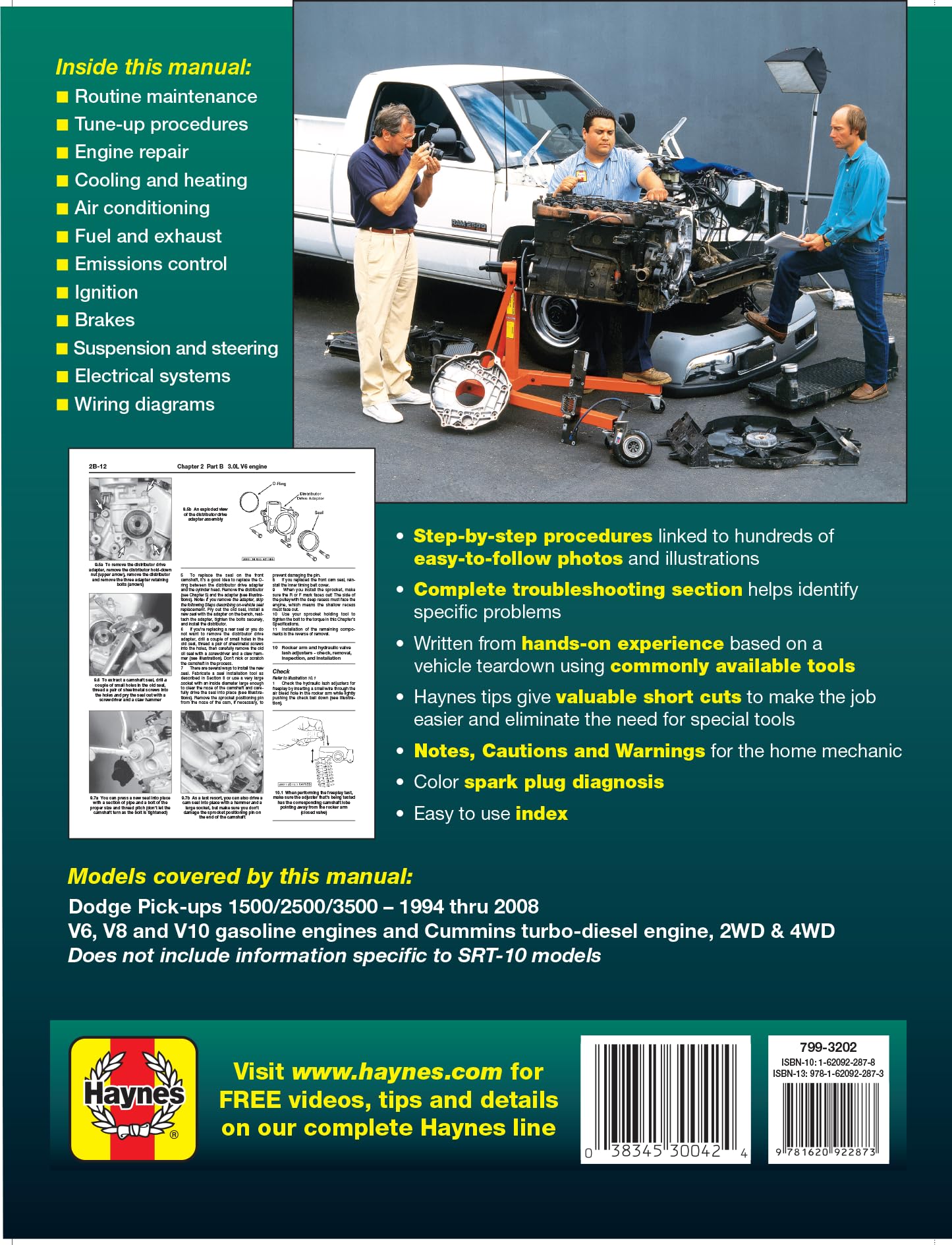Dodge 1500, 2500 & 3500 Pick-Ups (94-08) with V6, V8 & V10 Gas & Cummins Turbo-Diesel, 2WD & 4WD Haynes Repair Manual (Does Not Include Information Specific to SRT-10 Models.)
