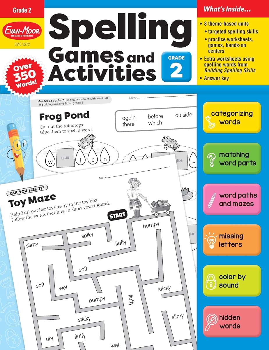 Evan-Moor Spelling Games and Activities, Grade 2 - Classroom Resource, Reproducible Worksheets, Teaching Edition, Spelling Strategies, Word Study Skills