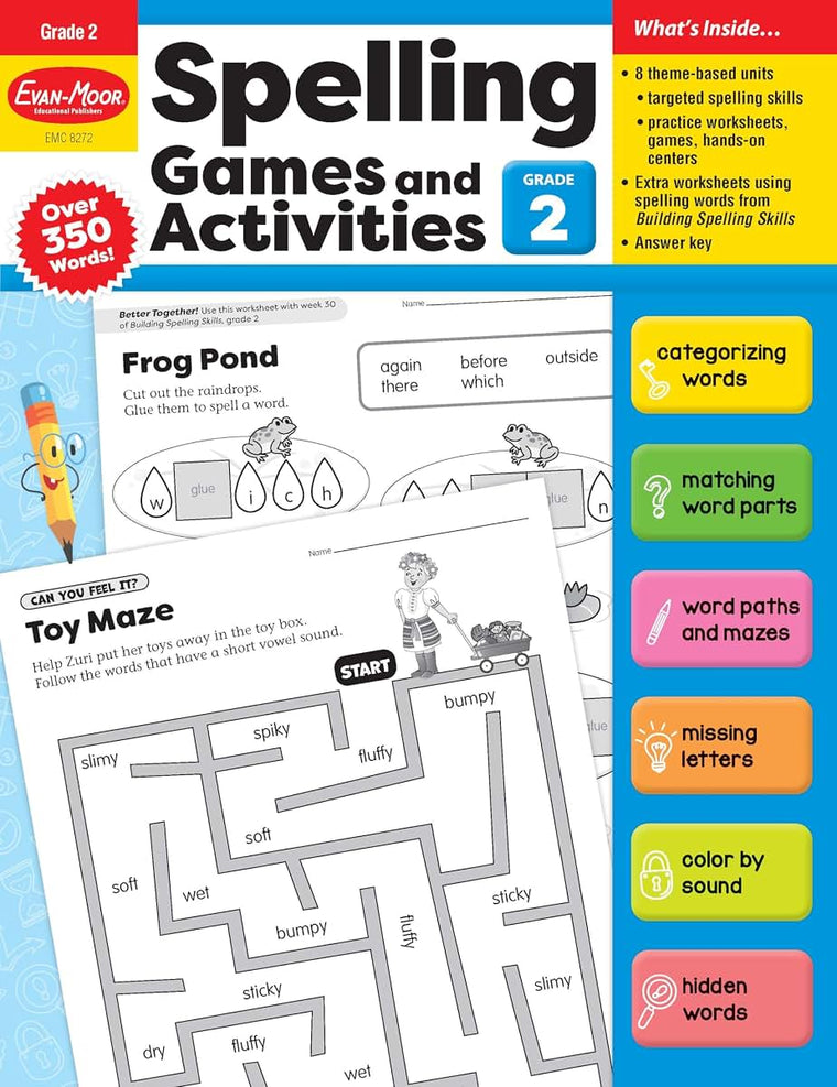 Evan-Moor Spelling Games and Activities, Grade 2 - Classroom Resource, Reproducible Worksheets, Teaching Edition, Spelling Strategies, Word Study Skills