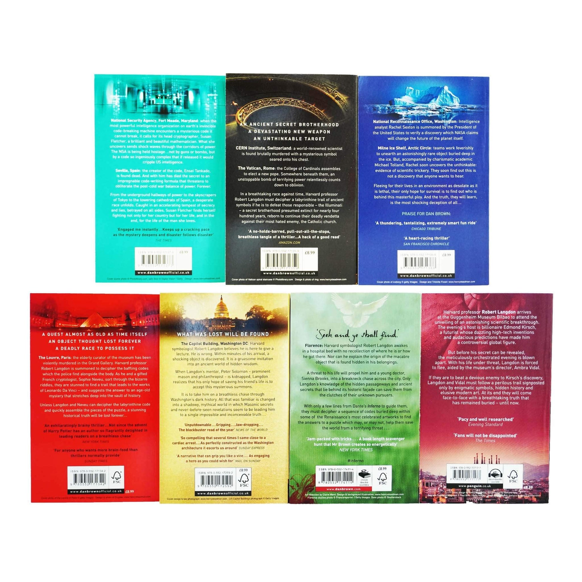 Robert Langdon Series Collection 7 Books Set By Dan Brown (Angels And Demons, The Da Vinci Code, The Lost Symbol, Inferno, Origin, Digital Fortress, Deception Point)