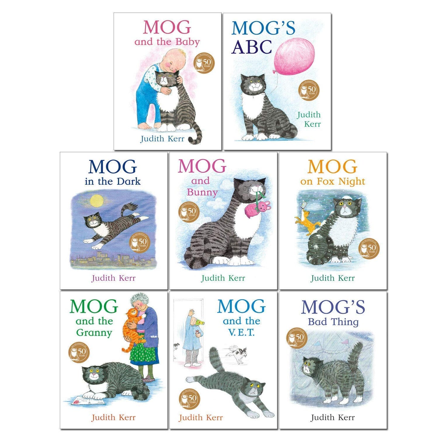 Mog The Cat Books Series 8 Books Collection Set Pack By Judith Kerr (Mog and The Baby, Mog's ABC, Mog in the Dark, Mog and Bunny, Mog on Fox Night, Mog and the Granny, Mog and the V.E.T & Bad Thing)