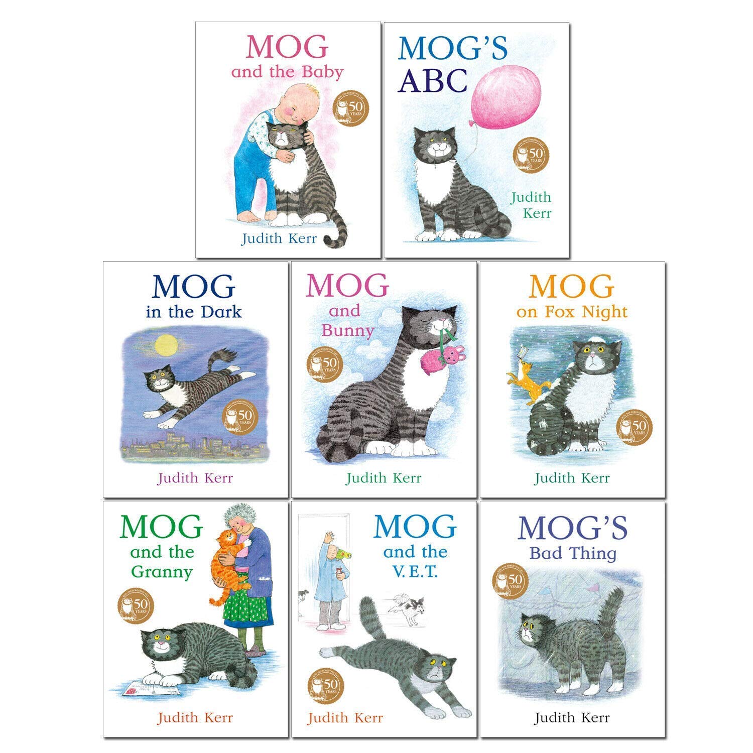 Mog The Cat Books Series 8 Books Collection Set Pack By Judith Kerr (Mog and The Baby, Mog's ABC, Mog in the Dark, Mog and Bunny, Mog on Fox Night, Mog and the Granny, Mog and the V.E.T & Bad Thing)