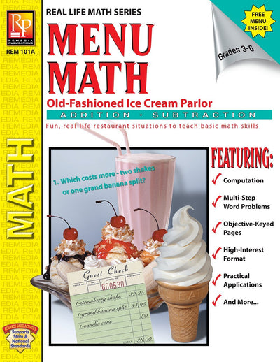 Menu Math: Old-Fashioned Ice Cream Parlor (Addition & Subtraction)  Reproducible Activity Book & Full-Color Menu