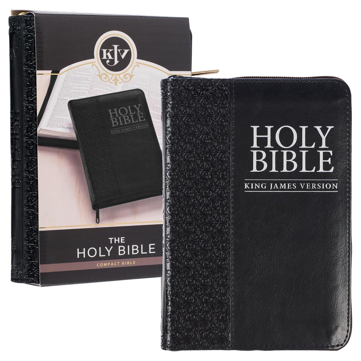 KJV Holy Bible, Compact Faux Leather Red Letter Edition - Ribbon Marker, King James Version, Black Faux Leather, Zipper Closure (KJV Compact Editions)