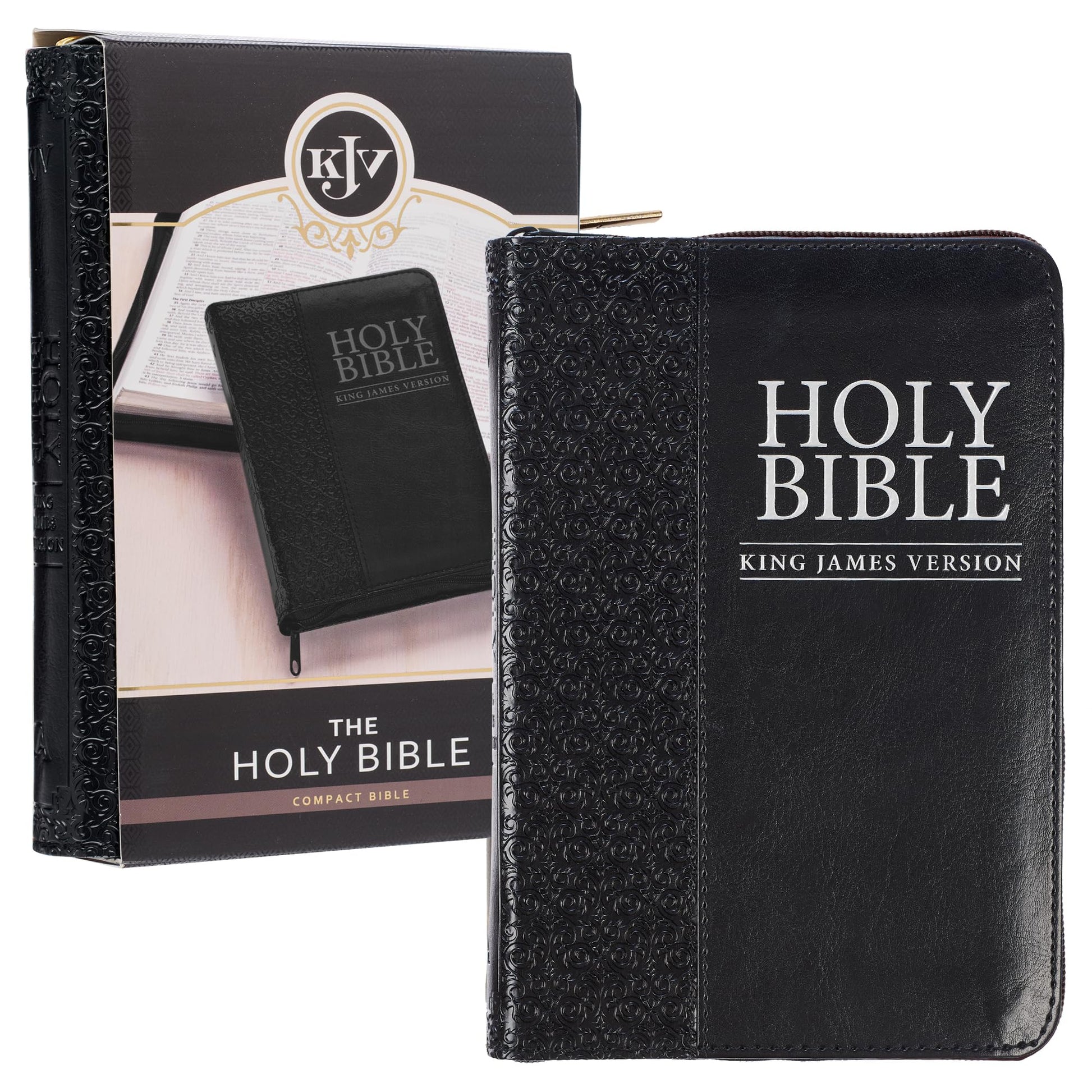 KJV Holy Bible, Compact Faux Leather Red Letter Edition - Ribbon Marker, King James Version, Black Faux Leather, Zipper Closure (KJV Compact Editions)