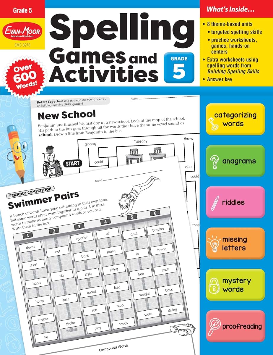 Evan-Moor Spelling Games and Activities, Grade 5 - Classroom Resource, Reproducible Worksheets, Teaching Edition, Spelling Strategies, Word Study Skills