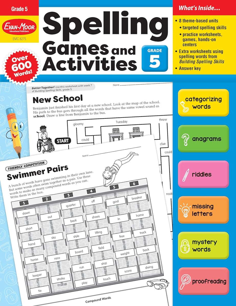 Evan-Moor Spelling Games and Activities, Grade 5 - Classroom Resource, Reproducible Worksheets, Teaching Edition, Spelling Strategies, Word Study Skills