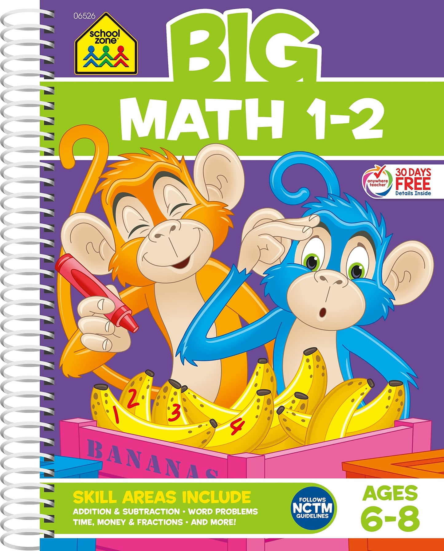 School Zone Big Math 1-2 Workbook: 320 Spiral-Bound Pages, 1st Grade, 2nd Grade, Elementary Math, Addition, Subtraction, Word Problems, Time, Money & Fractions, Ages 6 to 8