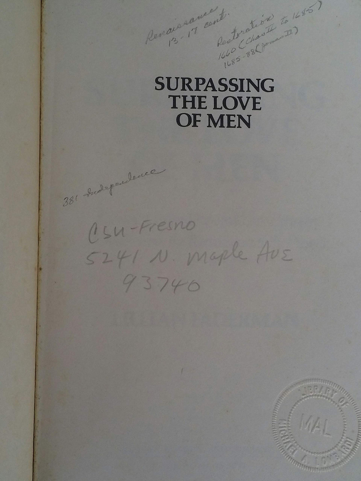 Surpassing the Love of Men: Romantic Friendship and Love between Women from the Renaissance to the Present