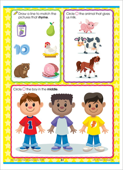 School Zone Little Thinkers Kindergarten Workbook: 64 Pages, Alphabet, Counting, Rhyming, Problem-Solving, Telling Time, Ages 5 to 6 (Little Thinkers Book Series)