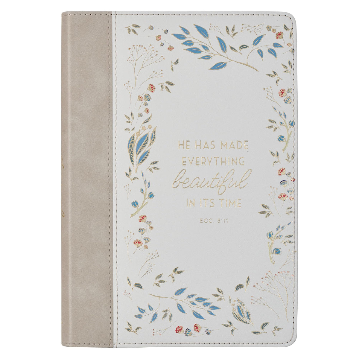 Christian Art Gifts Inspirational Journal, Everything Beautiful Wide Ruled Notebook, Ecc. 3:11 Bible Verse, Beige Vegan Leather Floral, 336 Lined Pages w/scripture, (8.6 x 6.1 x .9)